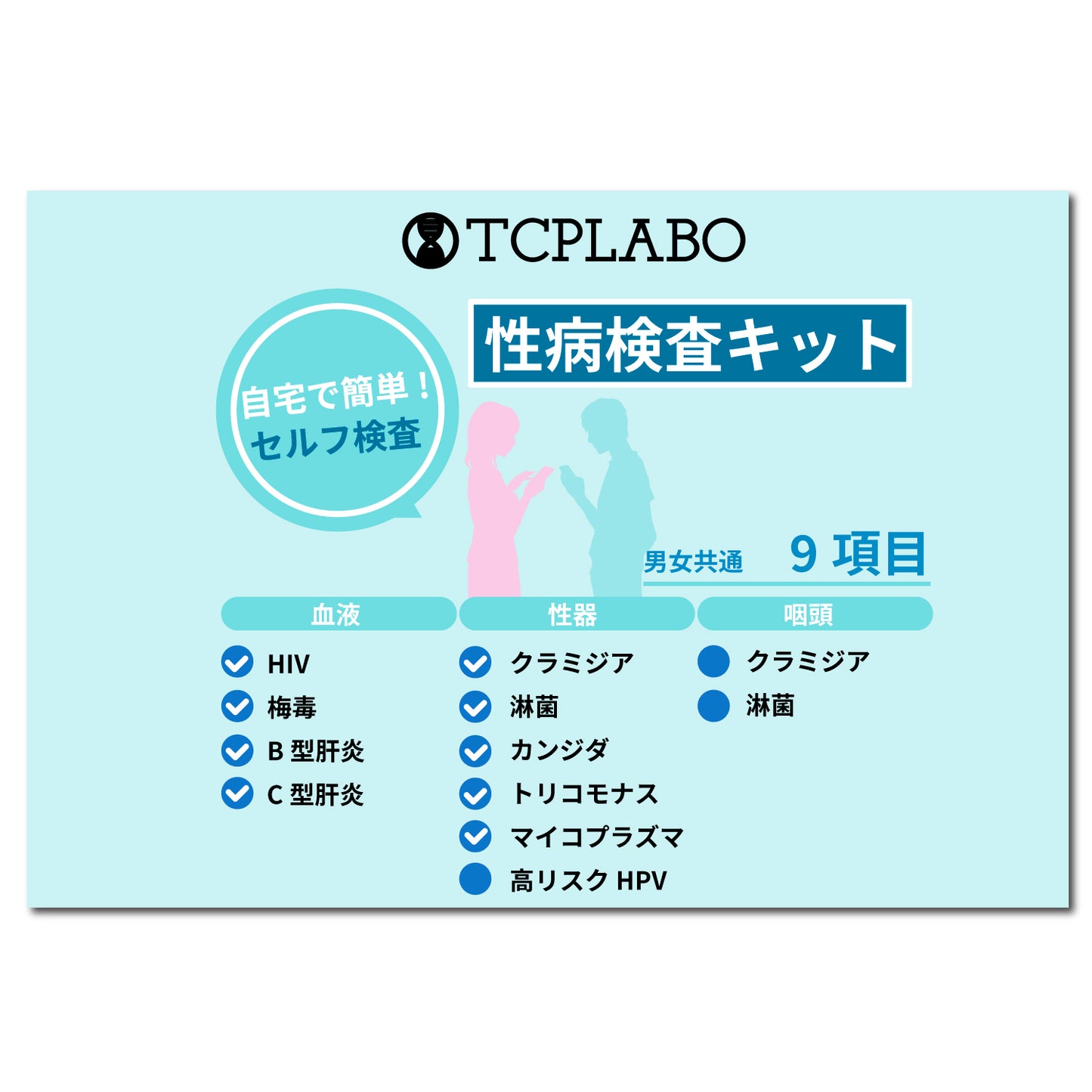 性病検査キット 9項目 HIV 梅毒 B型肝炎 C型肝炎 クラミジア 淋病 カンジダ トリコモナス マイコプラズマ 男女共通 血液検査 尿検査 TCPLABO